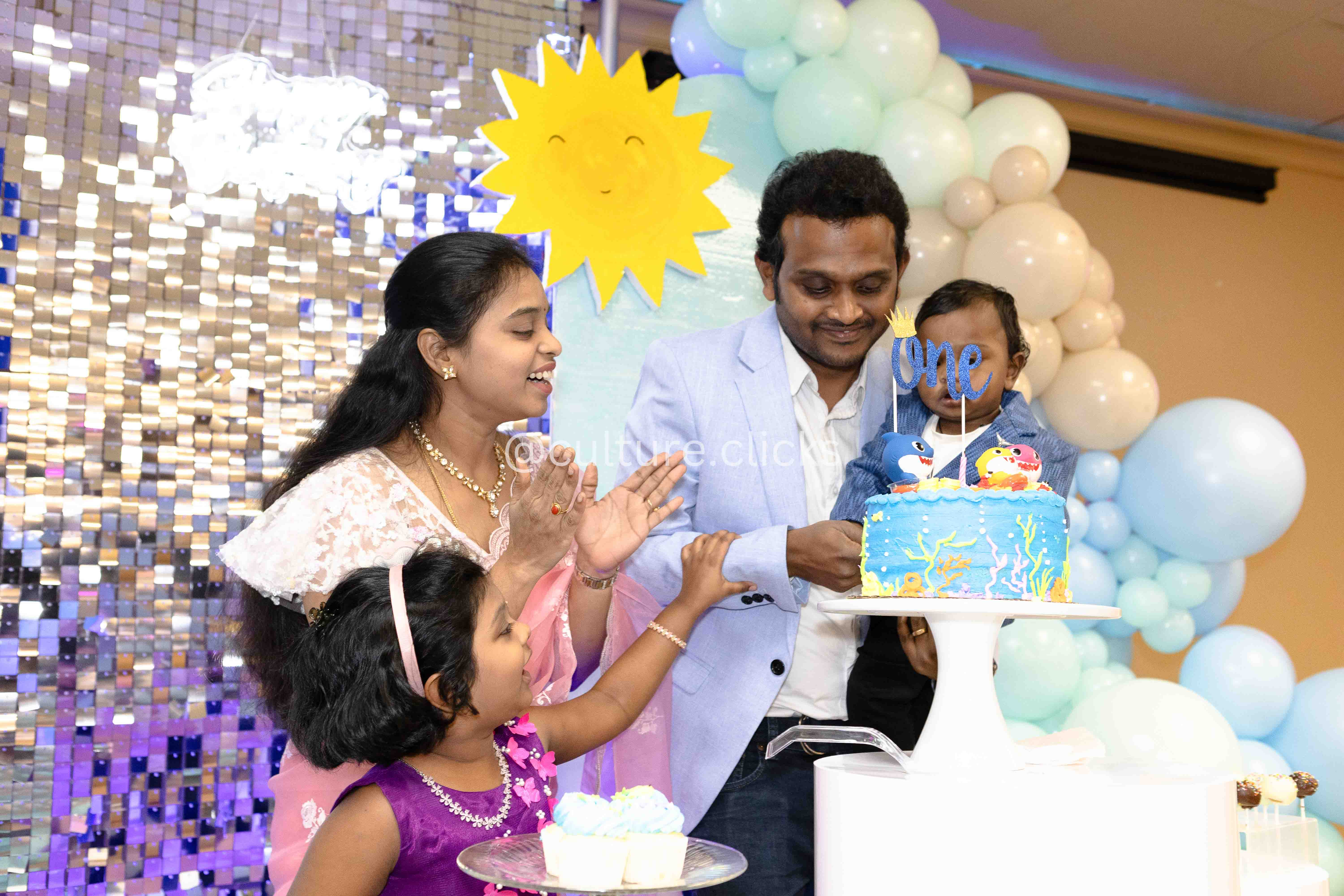 Birthday party of a baby boy. Theme is underwater party, captured by cultureclicks photography with decorations done by cultureclicks