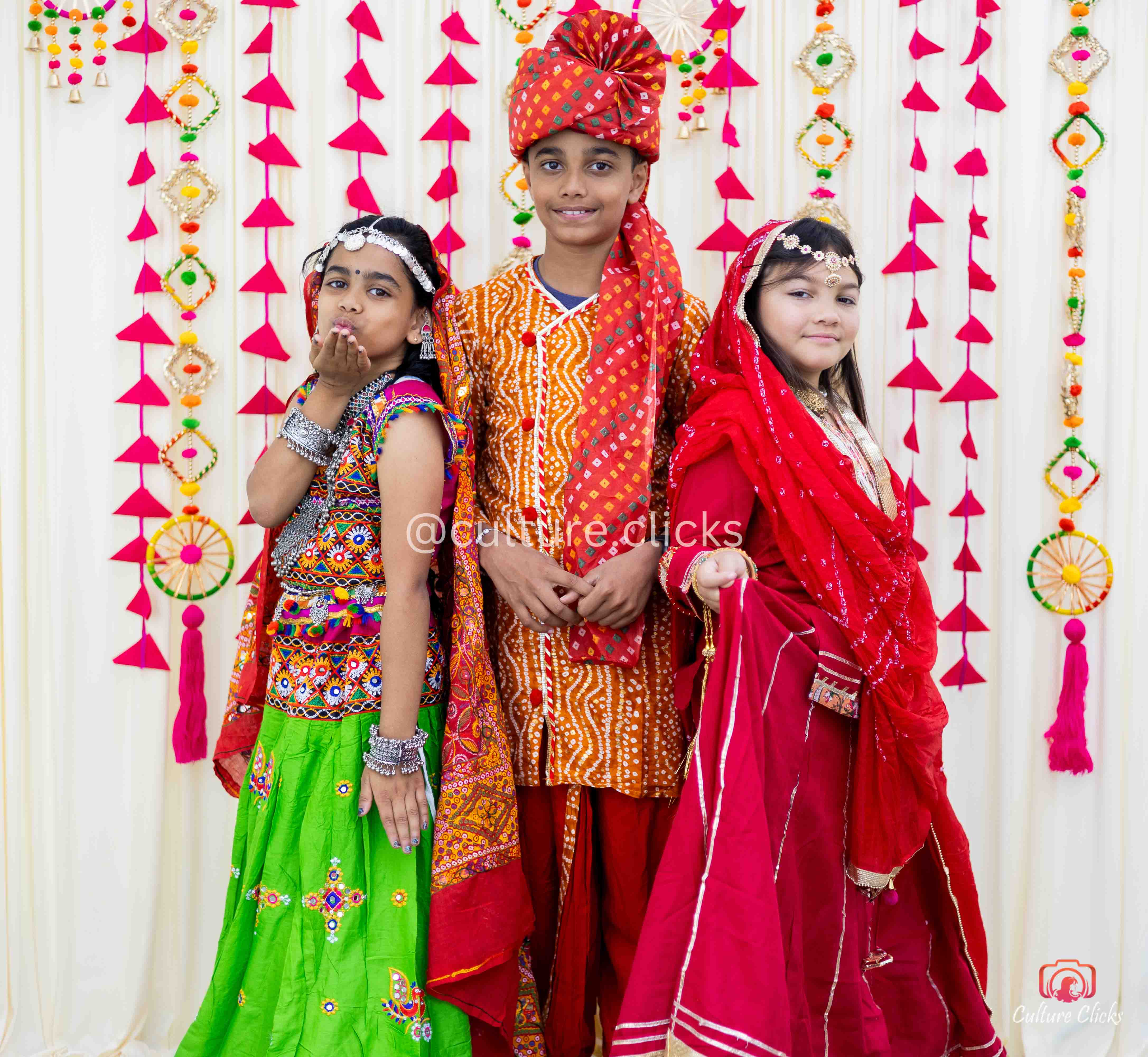 3 kids dressed in traditional rajathani costumes. This photo is captred by cultureclicks. Indian specific photobooths and unique photobooth experience in seattle